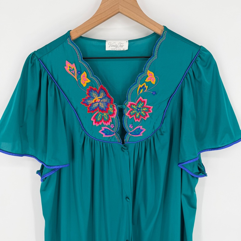 Vtg Vanity Fair XL Teal Floral Peignoir Set Made USA Antron Nylon Robe Gown EUC - Picture 9 of 13
